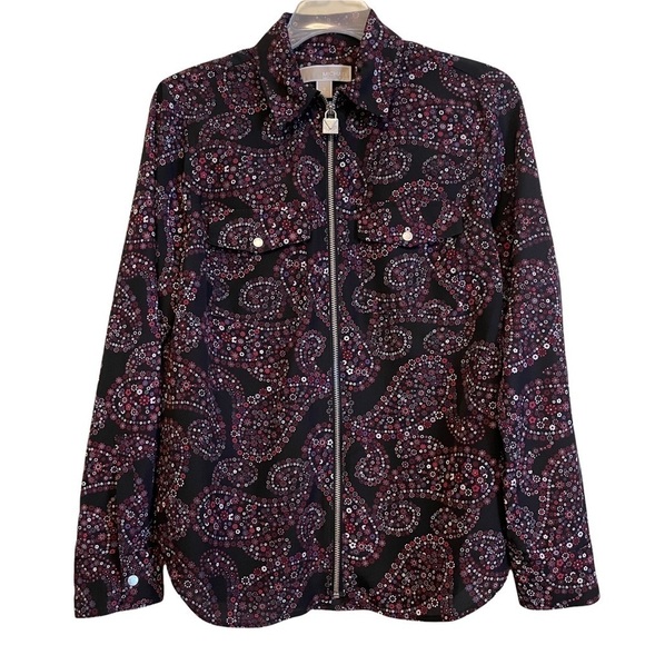Michael Kors Multi Floral Black Purple Lock Zipper Long Sleeve Woven Top Size S - Picture 1 of 11